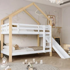Lit superposé 90x200 cm avec toboggan, lit cabane en bois massif blanc/nature avec barrières de sécurité, lit enfant