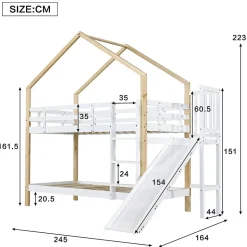 Lit superposé 90x200 cm avec toboggan, lit cabane en bois massif blanc/nature avec barrières de sécurité, lit enfant