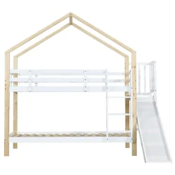 Lit superposé 90x200 cm avec toboggan, lit cabane en bois massif blanc/nature avec barrières de sécurité, lit enfant