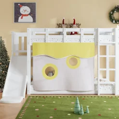 Lit superposé 90x200 cm avec toboggan intégré et échelle, structure bois (MDF + pin) blanc