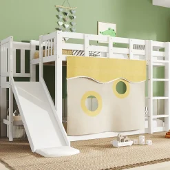 Lit superposé 90x200 cm avec toboggan intégré et échelle, structure bois (MDF + pin) blanc