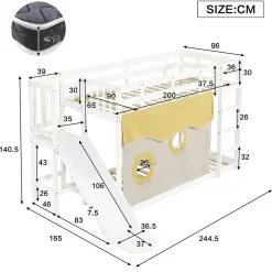 Lit superposé 90x200 cm avec toboggan intégré et échelle, structure bois (MDF + pin) blanc