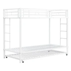 Lit superposé 90x200 cm blanc, cadre en fer, lit gigogne 90x190 cm, sommier à lattes, 2 échelles, certifié EN747, durable