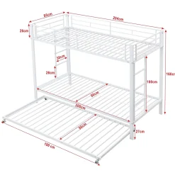 Lit superposé 90x200 cm blanc, cadre en fer, lit gigogne 90x190 cm, sommier à lattes, 2 échelles, certifié EN747, durable