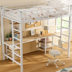 Lit superposé 90x200 cm, cadre métal, table, étagères, sécurité, pour enfants et ados