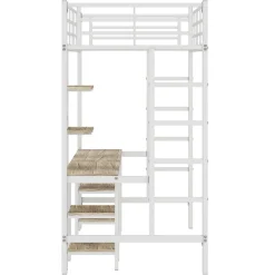 Lit superposé 90x200 cm, cadre métal, table, étagères, sécurité, pour enfants et ados