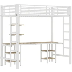 Lit superposé 90x200 cm, cadre métal, table, étagères, sécurité, pour enfants et ados