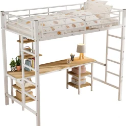 Lit superposé 90x200 cm, cadre métal, table, étagères, sécurité, pour enfants et ados