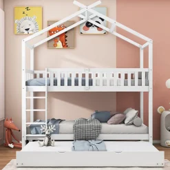 Lit superposé 90x200 cm convertible en 3 lits avec lit gigogne et barrières, structure bois massif blanc