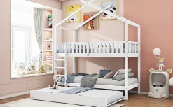 Lit superposé 90x200 cm convertible en 3 lits avec lit gigogne et barrières, structure bois massif blanc