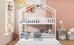 Lit superposé 90x200 cm convertible en 3 lits avec lit gigogne et barrières, structure bois massif blanc