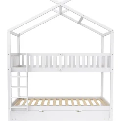 Lit superposé 90x200 cm convertible en 3 lits avec lit gigogne et barrières, structure bois massif blanc