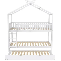 Lit superposé 90x200 cm convertible en 3 lits avec lit gigogne et barrières, structure bois massif blanc