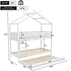 Lit superposé 90x200 cm convertible en 3 lits avec lit gigogne et barrières, structure bois massif blanc