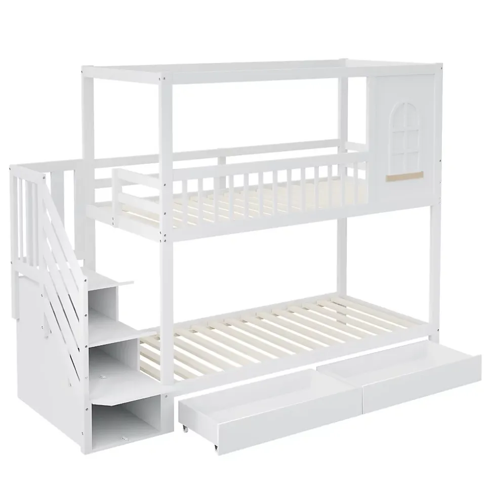 Lit superposé 90x200 cm en bois massif avec tiroirs intégrés, échelle sécurisée et design maison ludique