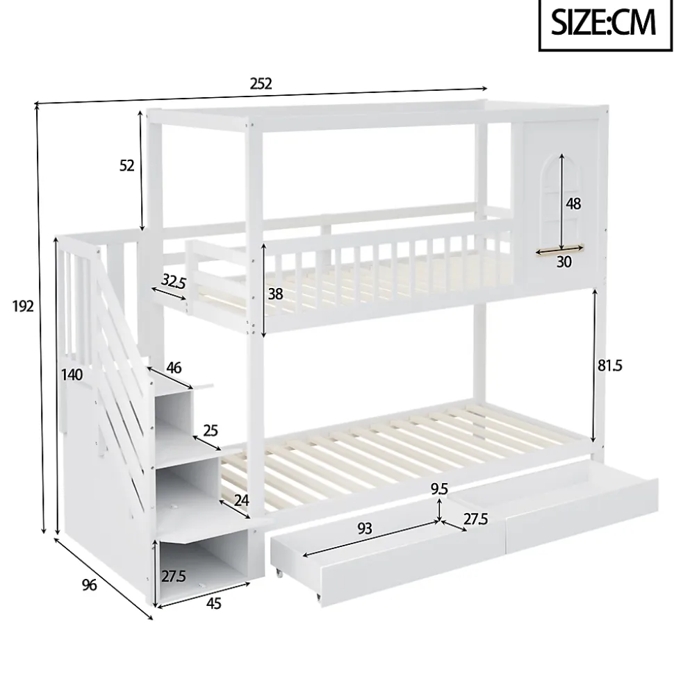Lit superposé 90x200 cm en bois massif avec tiroirs intégrés, échelle sécurisée et design maison ludique