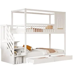 Lit superposé 90x200 cm en bois massif avec tiroirs intégrés, échelle sécurisée et design maison ludique