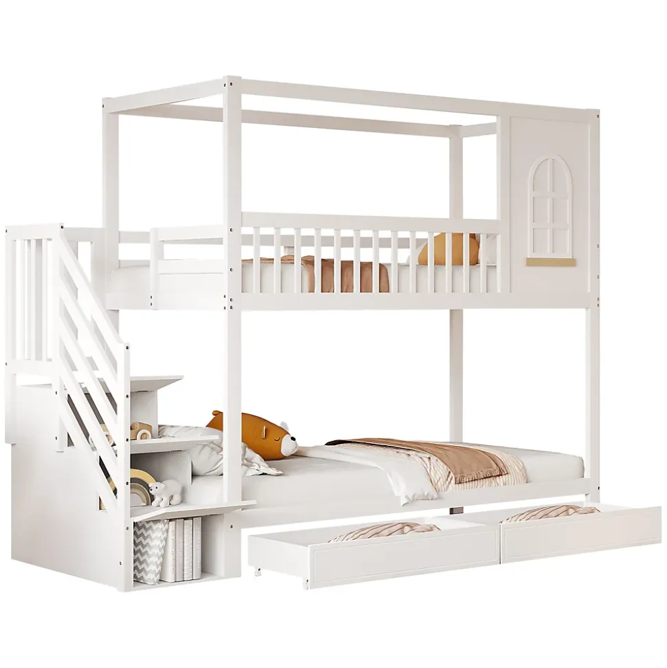 Lit superposé 90x200 cm en bois massif avec tiroirs intégrés, échelle sécurisée et design maison ludique