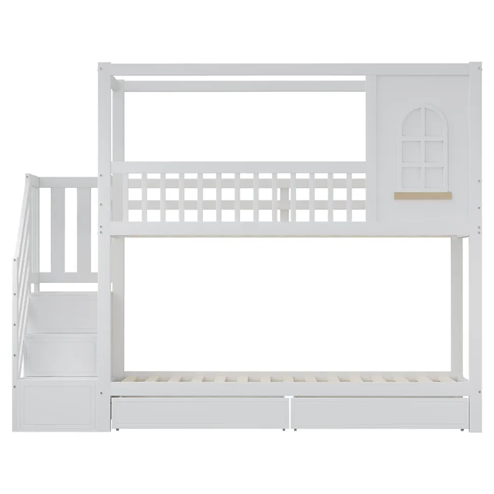 Lit superposé 90x200 cm en bois massif avec tiroirs intégrés, échelle sécurisée et design maison ludique