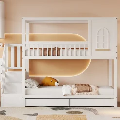 Lit superposé 90x200 cm en bois massif avec tiroirs intégrés, échelle sécurisée et design maison ludique