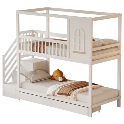 Lit superposé 90x200 cm en bois massif avec tiroirs intégrés, échelle sécurisée et design maison ludique