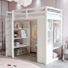 Lit superposé 90x200 cm en bois massif avec étagères multiples et organiseur roulant amovible, blanc