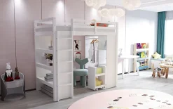 Lit superposé 90x200 cm en bois massif avec étagères multiples et organiseur roulant amovible, blanc