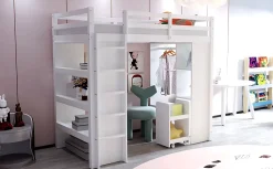 Lit superposé 90x200 cm en bois massif avec étagères multiples et organiseur roulant amovible, blanc