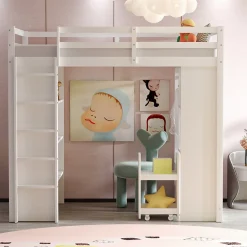 Lit superposé 90x200 cm en bois massif avec étagères multiples et organiseur roulant amovible, blanc