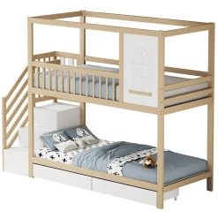 Lit superposé 90x200 cm en bois massif avec tiroirs de rangement et échelle intégrée sécurisée