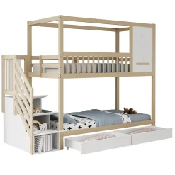 Lit superposé 90x200 cm en bois massif avec tiroirs de rangement et échelle intégrée sécurisée
