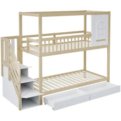 Lit superposé 90x200 cm en bois massif avec tiroirs de rangement et échelle intégrée sécurisée
