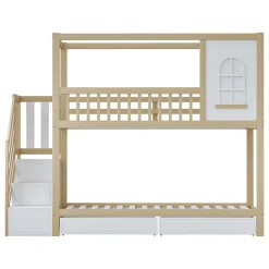 Lit superposé 90x200 cm en bois massif avec tiroirs de rangement et échelle intégrée sécurisée