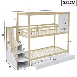 Lit superposé 90x200 cm en bois massif avec tiroirs de rangement et échelle intégrée sécurisée