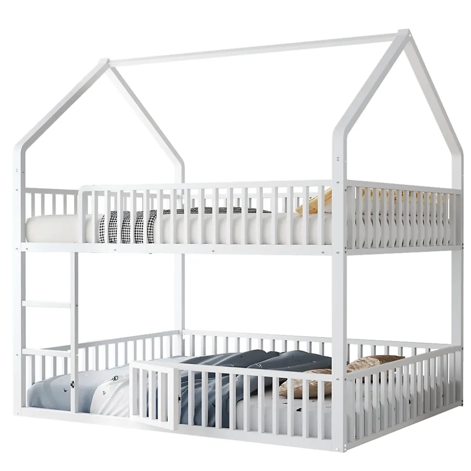 Lit superposé 140x200 cm en métal avec échelle intégrée et porte ouvrante, style maison ludique