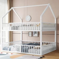 Lit superposé 140x200 cm en métal avec échelle intégrée et porte ouvrante, style maison ludique