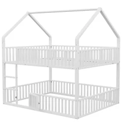 Lit superposé 140x200 cm en métal avec échelle intégrée et porte ouvrante, style maison ludique