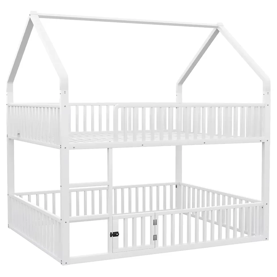 Lit superposé 140x200 cm en métal avec échelle intégrée et porte ouvrante, style maison ludique