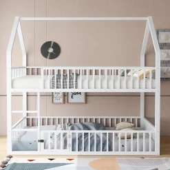 Lit superposé 140x200 cm en métal avec échelle intégrée et porte ouvrante, style maison ludique