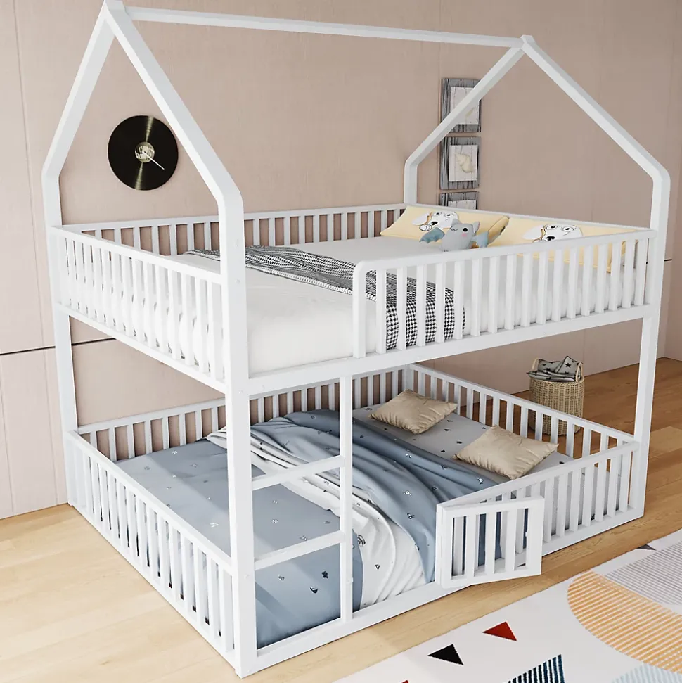 Lit superposé 140x200 cm en métal avec échelle intégrée et porte ouvrante, style maison ludique