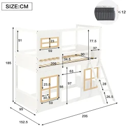 Lit superposé 90x200 cm enfant avec échelle sécurisée et barrières de protection, bois pin+MDF blanc+naturel