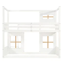 Lit superposé 90x200 cm enfant avec échelle sécurisée et barrières de protection, bois pin+MDF blanc+naturel