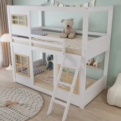 Lit superposé 90x200 cm enfant avec échelle sécurisée et barrières de protection, bois pin+MDF blanc+naturel