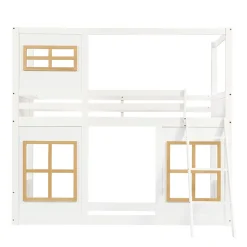 Lit superposé 90x200 cm enfant avec échelle sécurisée et barrières de protection, bois pin+MDF blanc+naturel