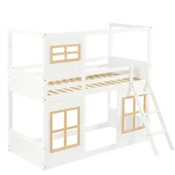 Lit superposé 90x200 cm enfant avec échelle sécurisée et barrières de protection, bois pin+MDF blanc+naturel