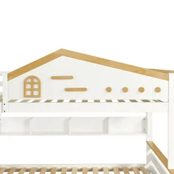 Lit superposé 90x200 cm, fenêtres, 4 étagères, sécurité, échelle 4 marches, cadre bois