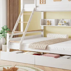 Lit superposé 90x200 cm, fenêtres, 4 étagères, sécurité, échelle 4 marches, cadre bois