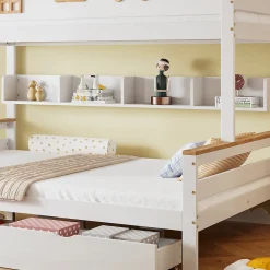Lit superposé 90x200 cm, fenêtres, 4 étagères, sécurité, échelle 4 marches, cadre bois