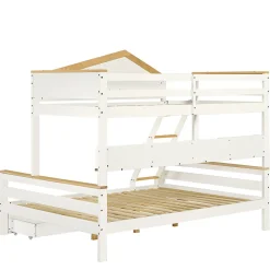 Lit superposé 90x200 cm, fenêtres, 4 étagères, sécurité, échelle 4 marches, cadre bois