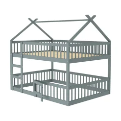 Lit superposé 140x200 cm gris bois massif, style loft, escalier, pratique et sécurisé pour enfants et familles
